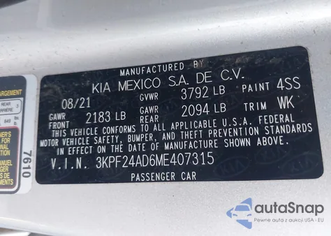 2021 Kia Forte Lxs из США, поврежденный, VIN 3KPF24AD6ME407315